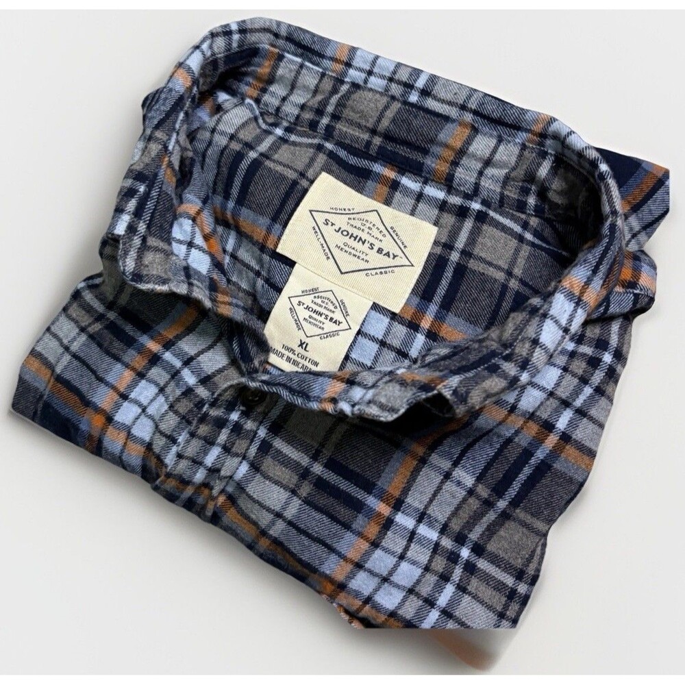 St. John's Bay Flannel Shirt Men XL Blue Gray Plaid Cotton Long Sleeve Button Up